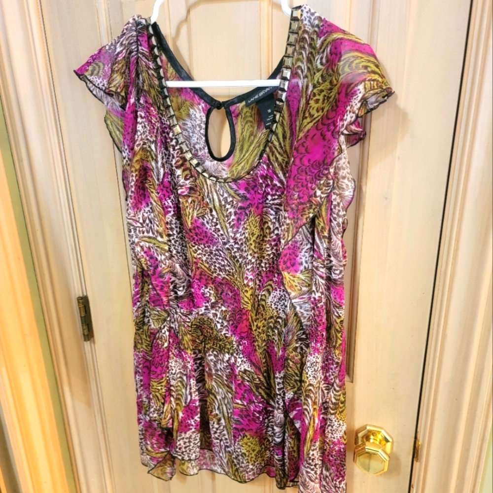 Womens Plus Sz 18 Lane Bryant Sheer Animal Print Fun Beaded Magenta Olive Green